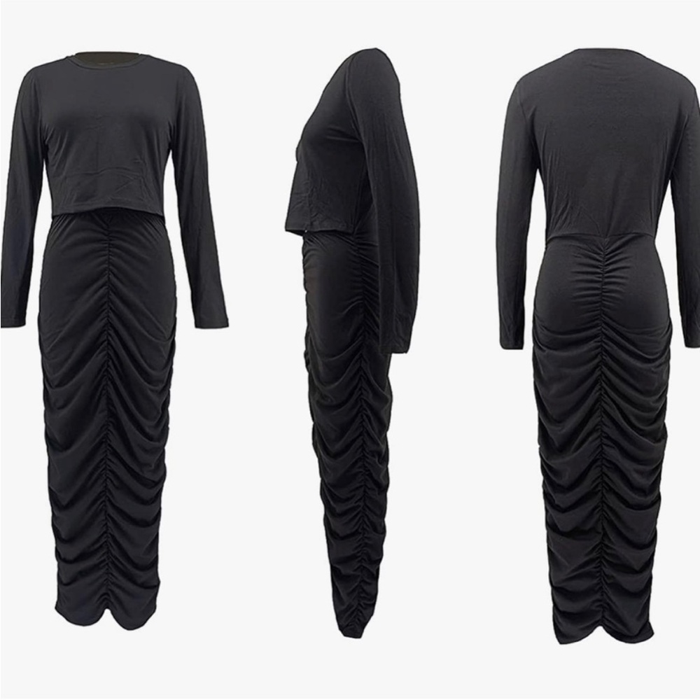 NWT Elegant Black Ruched Maxi Dress (SIZES: S & M)